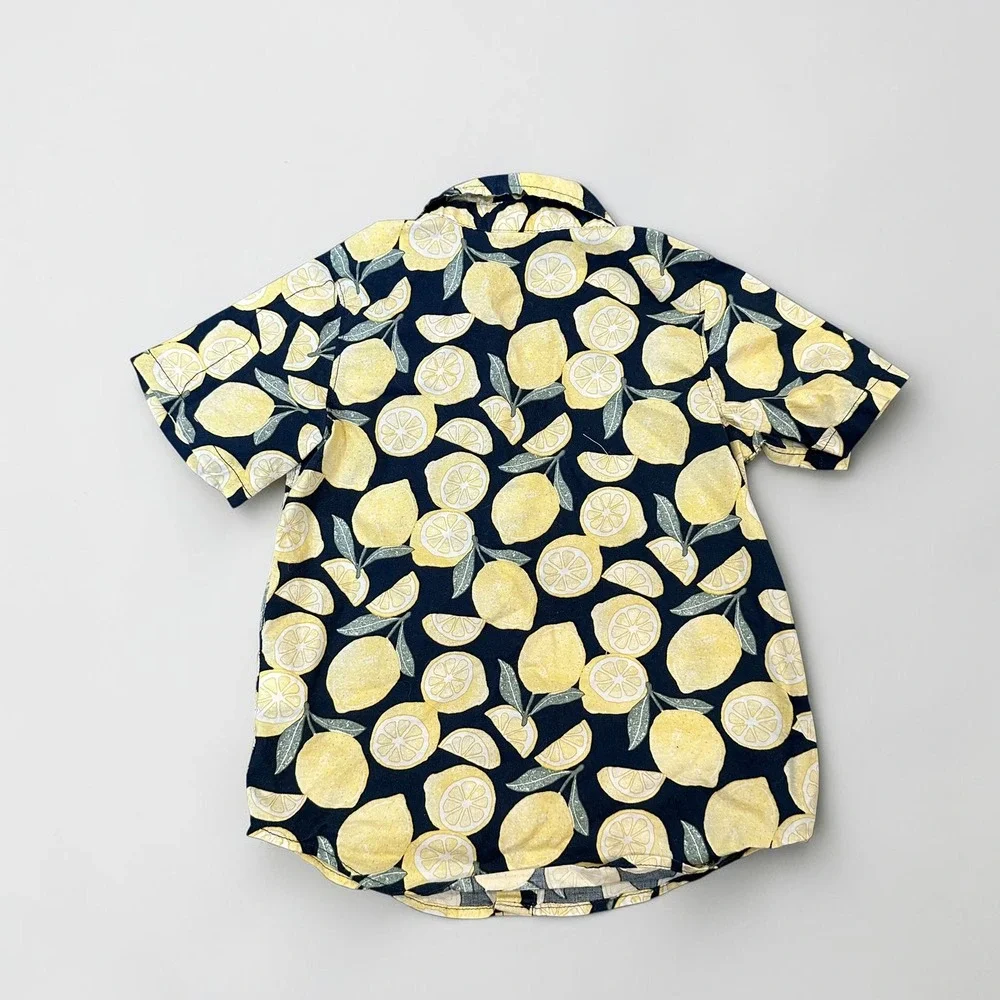Old Navy Kids 4T Lemon Print Short Sleeve Button Down Shirt Navy Blue Yellow